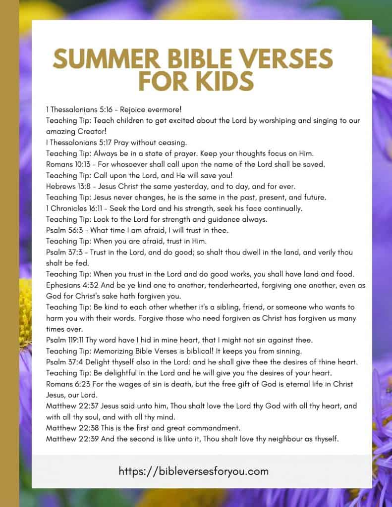 These summer Bible verses for kids are great for church camp, VBS, Sunday School, Children's Church and homeschool families who want to stay in God's Word. 
