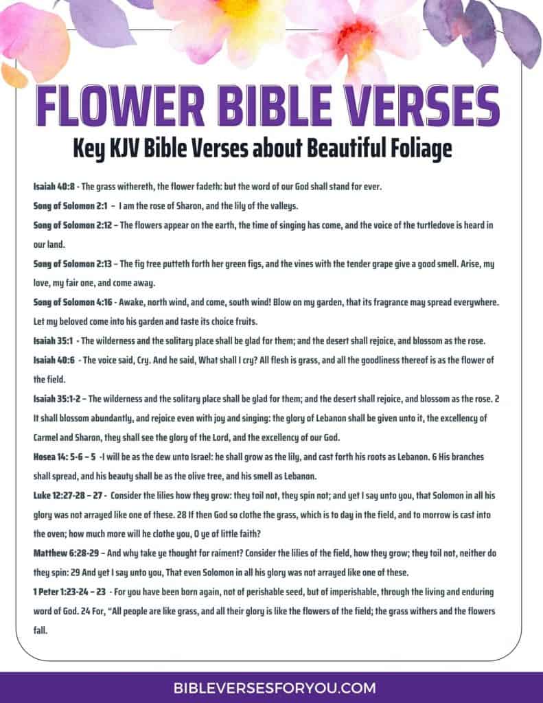 Grab these FREE 12 Beautiful Bible Verses about Flowers PDF file in a pretty version to hang on the fridge, wall, or any room in the house. 