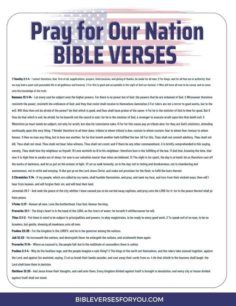 Use these key Pray for Our Nation Bible Verses for on the go reading and meditation! Teach the family how to pray for their nation!