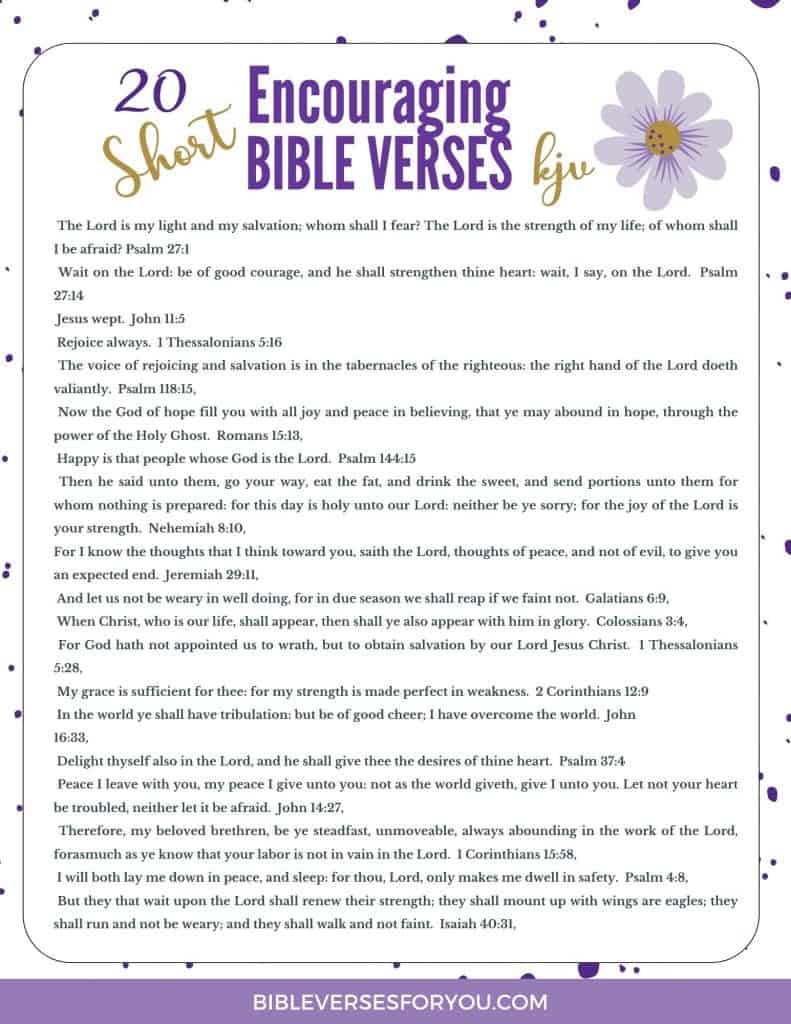 Free printable for Short encouraging Bible Verses.